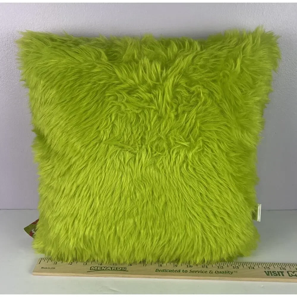 The Grinch Dr. Seuss Throw Pillow Green Faux Fur Face Holiday Christmas Ruz